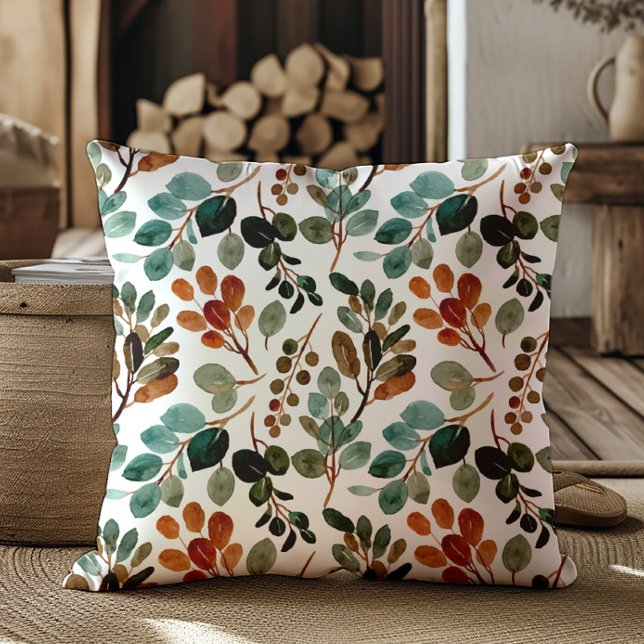 Almofada Folhas de Verde Musgo Bege Marrom Azul Outono (Elegant teal, rust, sage green, and brown leaves decorator pillow)