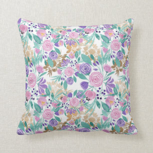 Almofada Folhas Douradas de Flores de  Cor de Água Violeta 