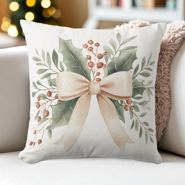 Almofada Folhas e Berries de Arco de Beiger, Rustic Waterco (Rustic Watercolor Beige Bow Leaves and Berries Throw Pillow)