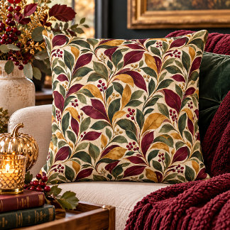 Almofada Folhas Elegantes de Outono em Borgonha, Verde, Mos