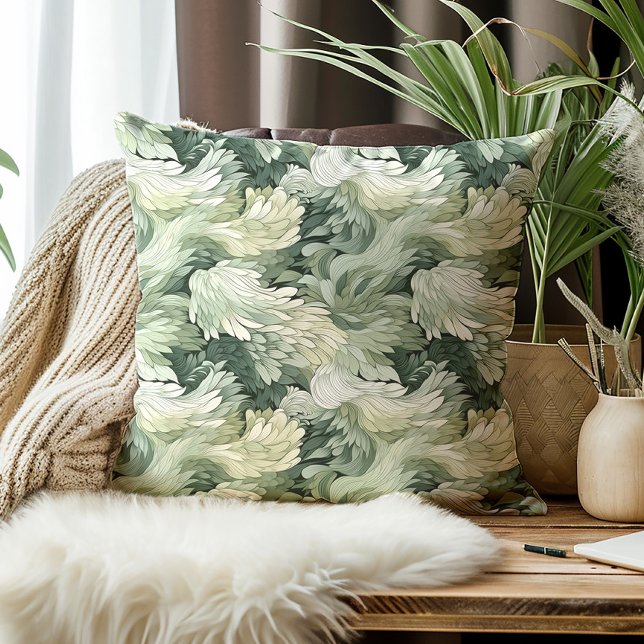 Almofada Folhas Elegantes Tons Verdes Botânico (Elegant green feathery leaves decorator pillow)