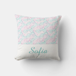 Almofada Folhas estilizadas rosa e turquesa padrão branco
