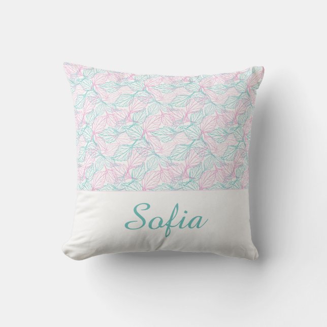 Almofada Folhas estilizadas rosa e turquesa padrão branco  (Frente)