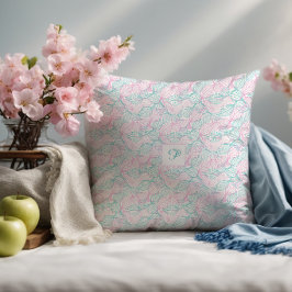 Almofada Folhas estilizadas rosa e turquesa padrão branco