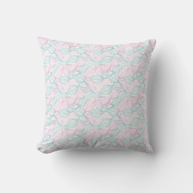 Almofada Folhas estilizadas rosa e turquesa padrão branco (Frente)
