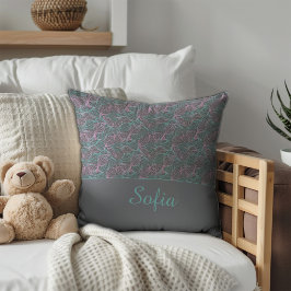 Almofada Folhas estilizadas rosa e turquesa padrão cinza