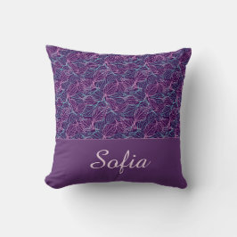 Almofada Folhas estilizadas rosa e turquesa padrão roxo