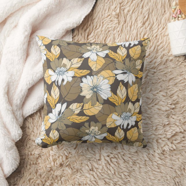 Almofada Folhas Florais Desenhadas De Mão Marrom Amarelo (Cobertor)
