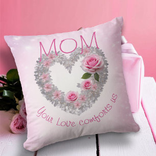 Almofada Folhas Prateadas Coração e Rosa Rosa Mamãe