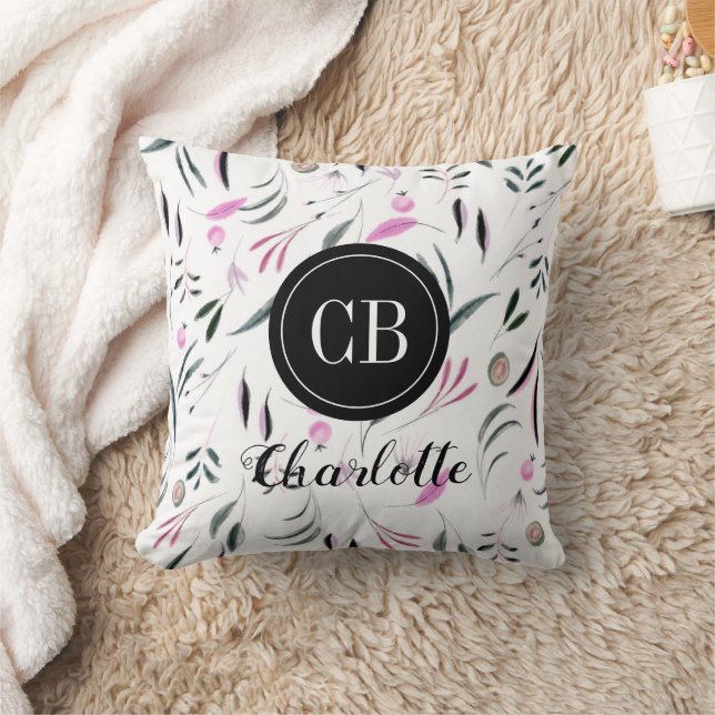 Almofada Folhas rosa e verde e Monograma e Nome do Fruta (Cobertor)