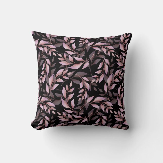 Almofada Folhas Rosa Pastel e Padrão Preto (Frente)