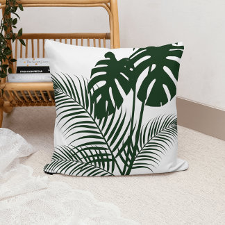 Almofada Folhas tropicais 1 Verde escuro em branco