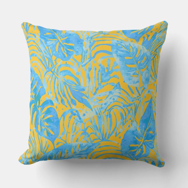 Almofada Folhas Tropicais, Amarelo Azul (Frente)