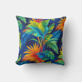 Almofada Folhas tropicais azuis e laranja
