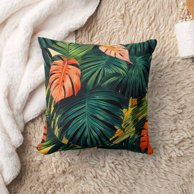 Almofada Folhas Tropicais Coloridas e Flores de Hibisco | (Cobertor)