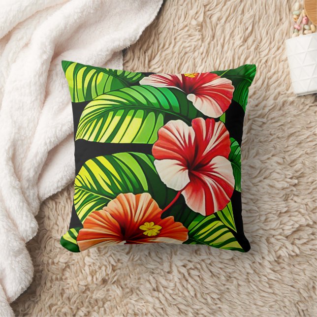 Almofada Folhas Tropicais Coloridas e Flores de Hibisco | (Cobertor)