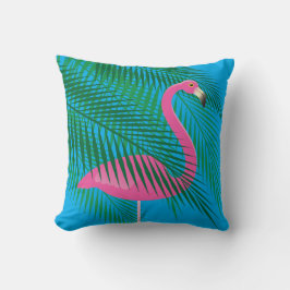 Almofada Folhas Tropicais de Flamingo e Palm no Céu Azul