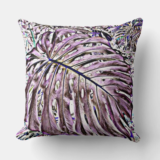Almofada Folhas Tropicais de Monstera em Roxo (Frente)