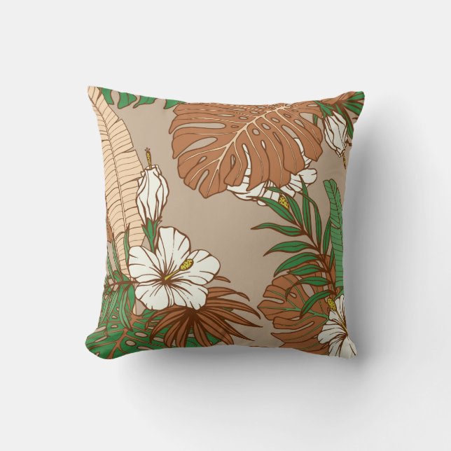 Almofada Folhas tropicais de pele-leopardo flores de hibisc (Frente)