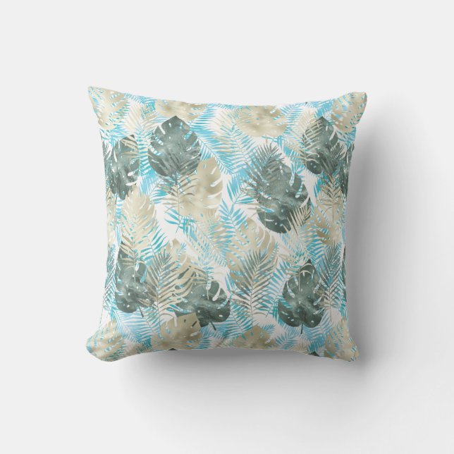 Almofada Folhas Tropicais Douradas Verde Aqua   (Frente)