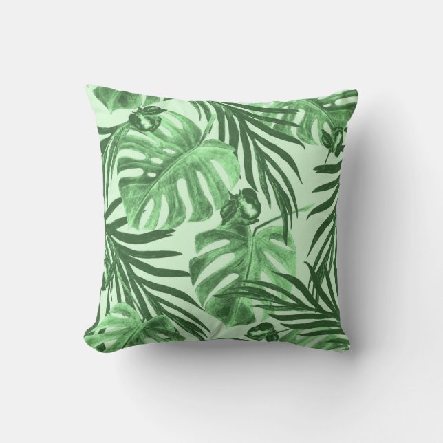 Almofada Folhas tropicais e flores, padrão de aquarela. (Frente)
