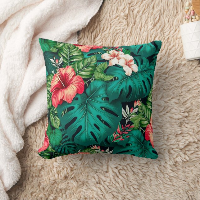 Almofada Folhas Tropicais Elegantes e Flores de Hibisco | (Cobertor)