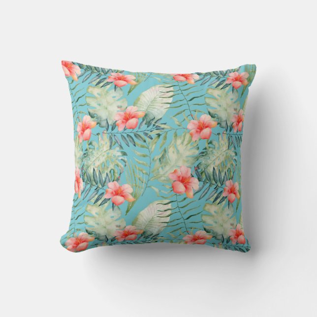 Almofada Folhas Tropicais Hibiscus Floral Aqua Watercolor (Frente)
