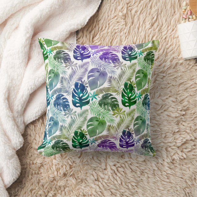 Almofada Folhas Tropicais Roxo Verde Água Branco (Cobertor)