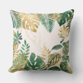 Almofada Folhas Tropicais Verdes Douradas Modernas