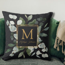 Folhas Verdes Tropicais Preto em Aquarela Monogram