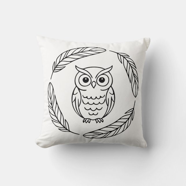 Almofada Folk Owl Line Art Surrounded by Feathers (Frente)