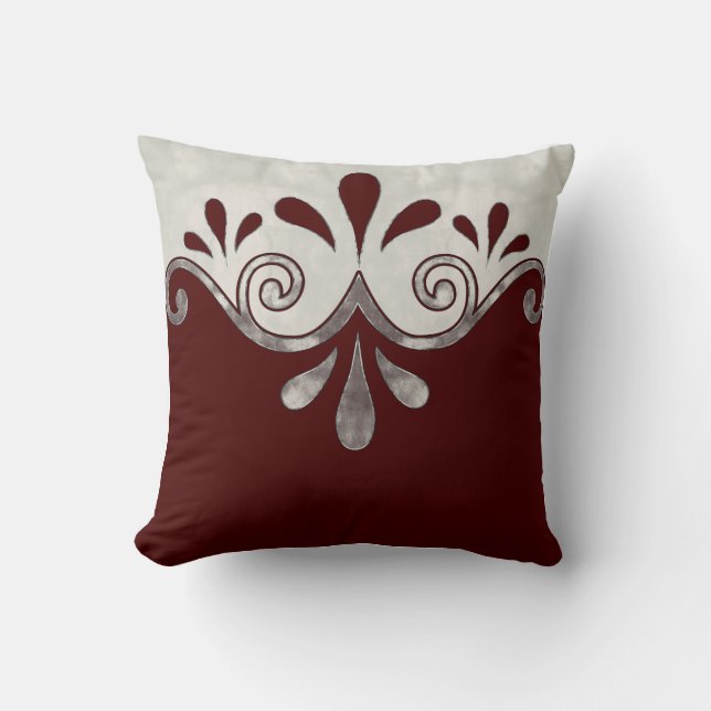Almofada forma abstrato ornamental em burgundy e prata (Frente)