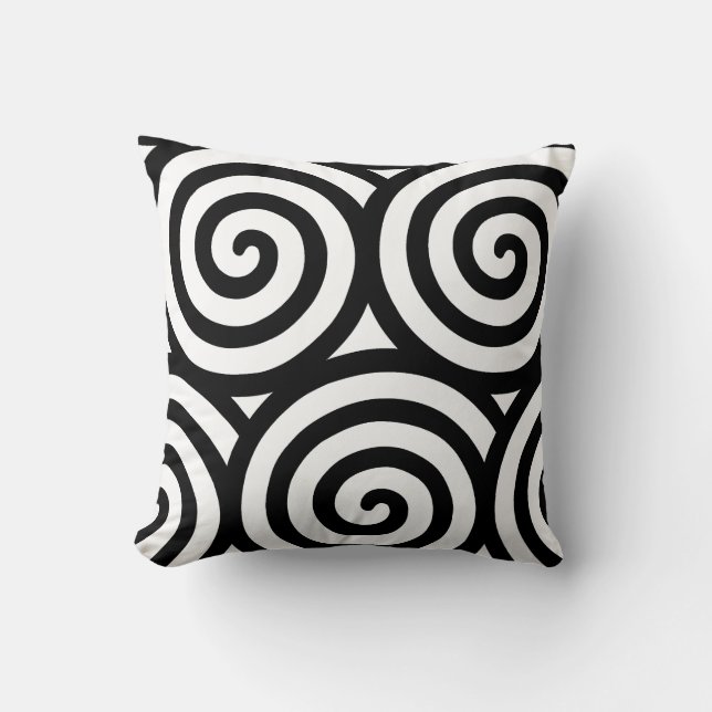 Almofada Forma Geométrica Espiral Abstrata em Preto e Branc (Frente)