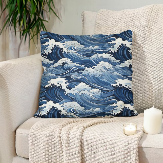 Almofada Formas Azuis de Ondas Japonesas (Blue and white Japanese waves pillows
)