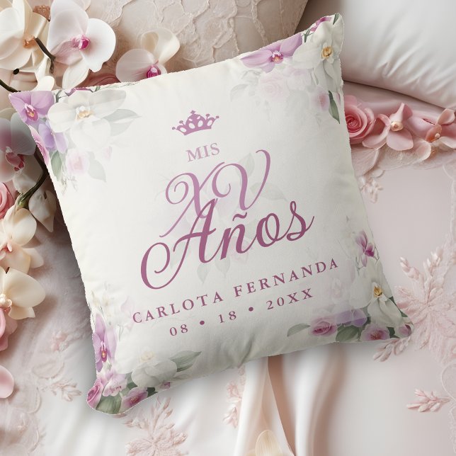 Almofada Fortaleza Mis XV Años Chaves de Orquídea Floral Es (Romantic Exquisite Mis XV Años Spanish Floral Orchids Bouquets in Pink shades Throw Pillow. )
