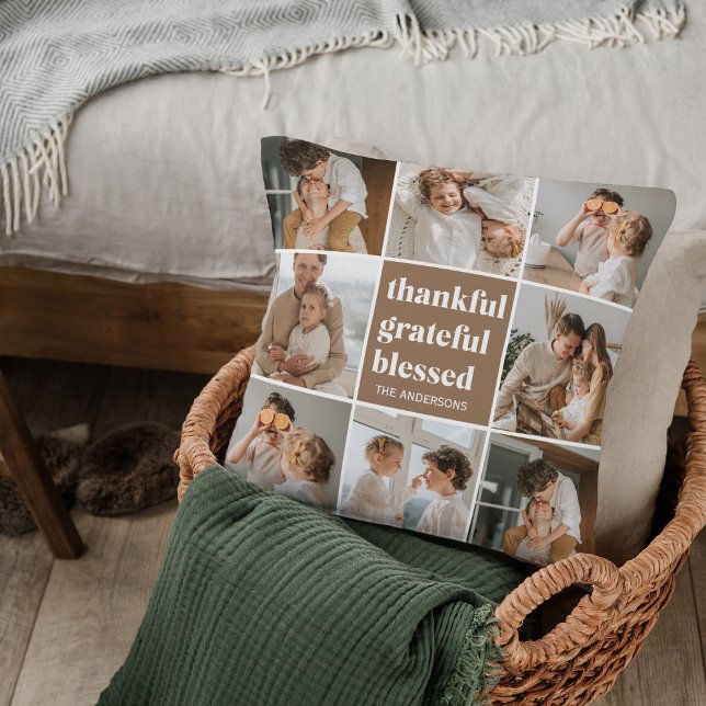 Almofada Foto da família Collage | Agradecido, Abençoado (Criador carregado)