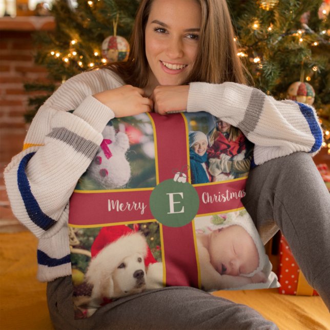 Almofada Foto da Família Feliz de Natal Monograma Verde Ver (Criador carregado)