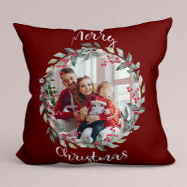 Almofada Foto da família Feliz Natal vermelha