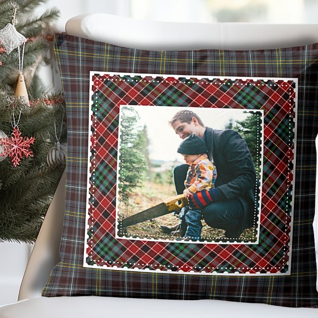 Almofada Foto da família rustica moderna de Xadrez mista (Mixed Plaid Modern Rustic Family Photo Throw Pillow)