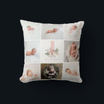 Almofada foto de aniversário floral rosa elegante<br><div class="desc">o pequeno convite para colagem de fotos rosa e roxo,  do aniversário da abóbora. Design de texto de script moderno. Parte de uma coleção. adicione as suas fotografias e os seus filhos à idade para personalizar completamente</div>