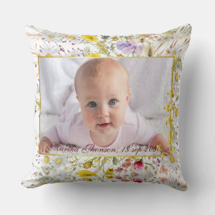 Almofada Foto de Bebê Menina em Aquarela Floral Rosa Dourad