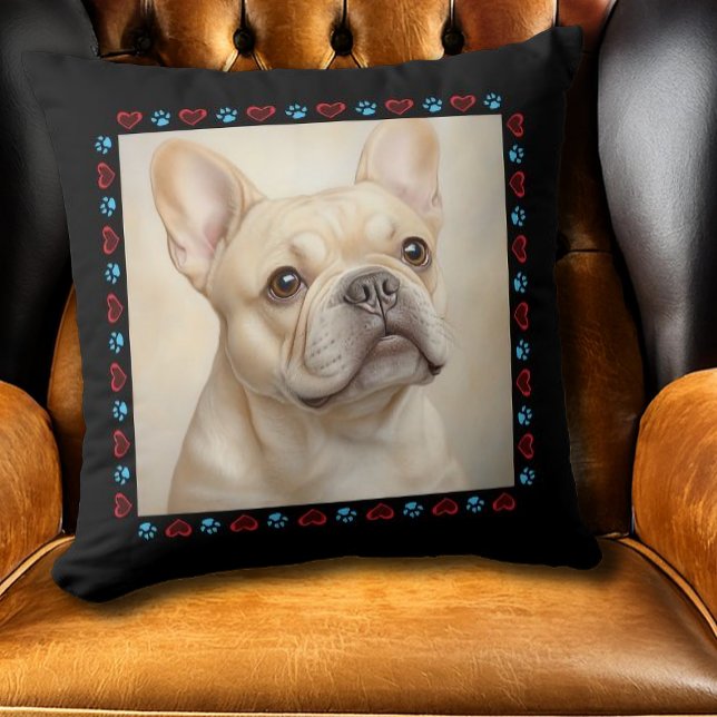 Almofada Foto de Cão Personalizada Corações Patas Limite Pr (Custom Dog Photo Hearts Paws Black Border Throw Pillow)