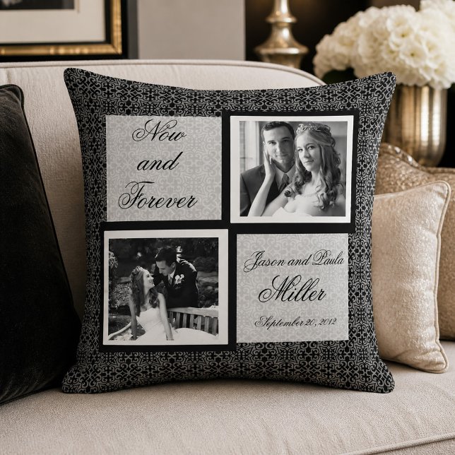 Almofada Foto de casamento em damasco preto e branco (Black and White Damask Wedding Photo Throw Pillow)