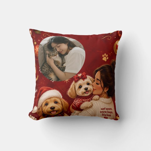 Almofada Foto de Mãe de Cachorro no Natal Vermelho Fofo (Frente)