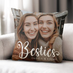 Almofada Foto de melhores amigos nomes personalizados<br><div class="desc">Travesseiro decorativo com suas fotos personalizadas e o texto "Besties" com nomes personalizados abaixo.</div>