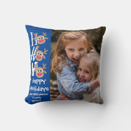 Almofada Foto de Natal Ho Ho Cartoon Reindeer Blue