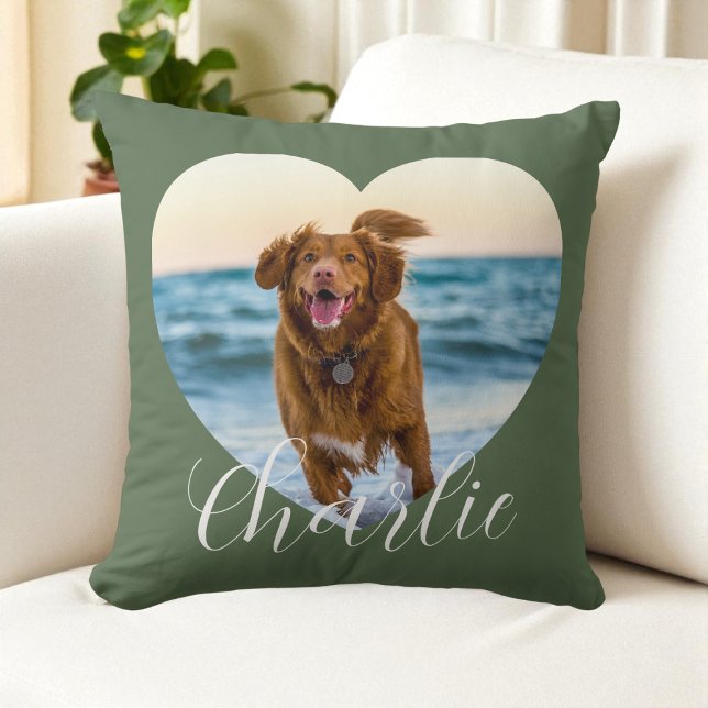 Almofada Foto de Pet com Roteiro Verde Personalizado Coraçã (Pet Photo Green Script Cute Heart Personalized Dog Throw Pillow)