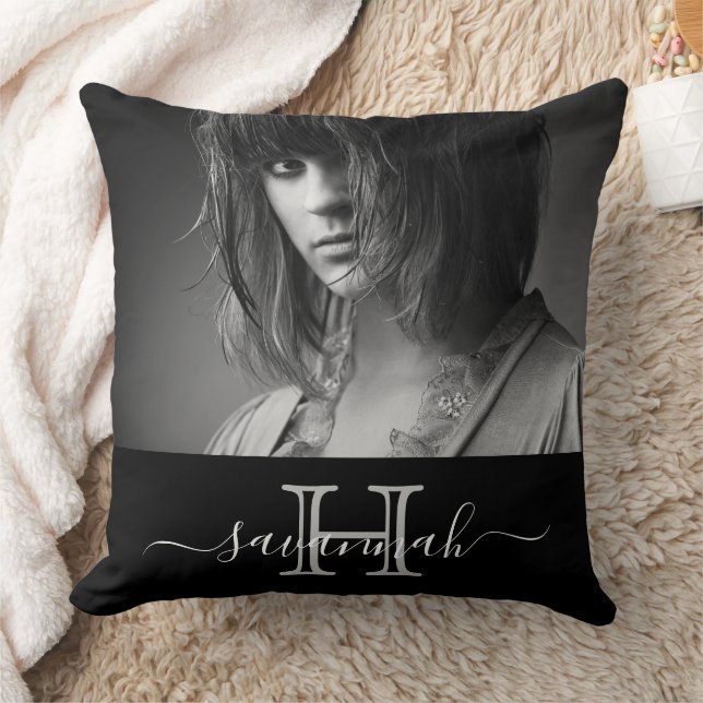 Almofada Foto do monograma de nome branco preto (Cobertor)