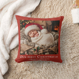Almofada Foto do Primeiro Natal do Bebê dos Avós Vermelhos