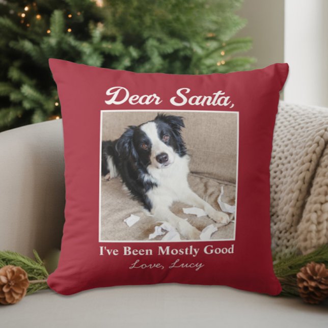 Almofada Foto engraçada de Natal do cachorro gato querido P (Funny Dear Santa Pet Dog Cat Christmas Photo Throw Pillow)